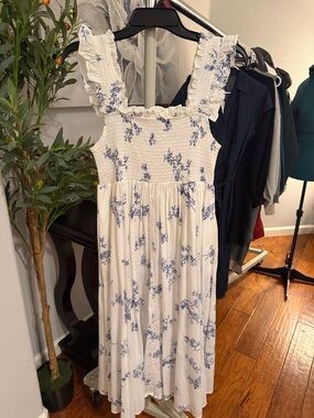 White and Blue Floral Smocked Midi Dress with Ruffle Straps